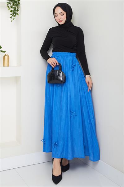 Fiyonk Detay Beli Lastikli Saks Mavisi Etek