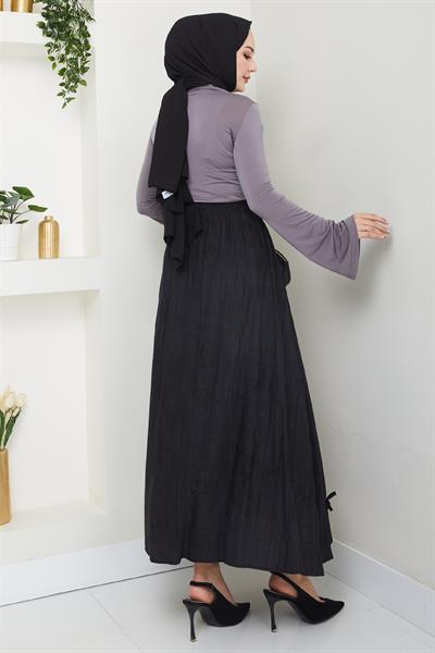 Fiyonk Detay Beli Lastikli Siyah Etek