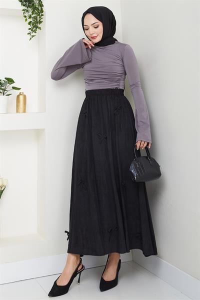 Fiyonk Detay Beli Lastikli Siyah Etek