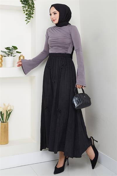 Fiyonk Detay Beli Lastikli Siyah Etek