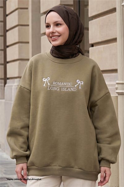 Fiyonk Yazı İşleme Haki Sweat