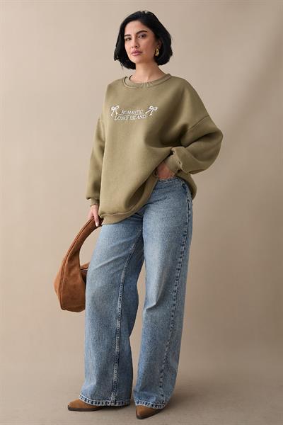 Fiyonk Yazı İşleme Haki Sweat