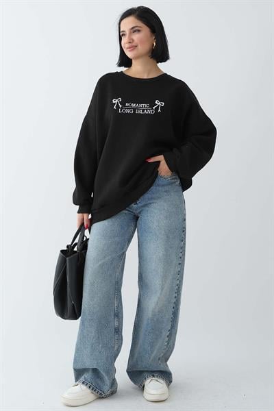 Fiyonk Yazı İşleme Siyah Sweat