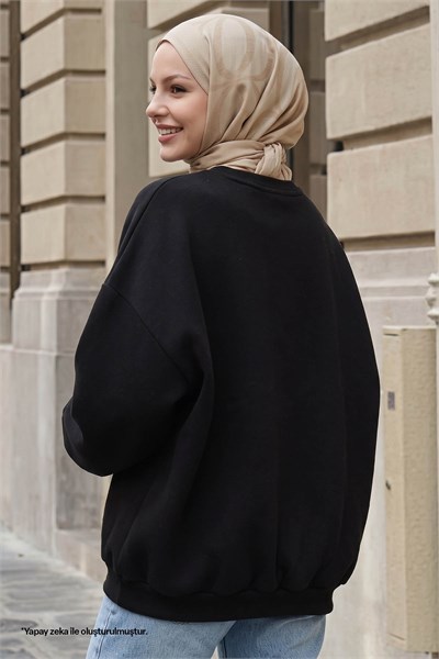 Fiyonk Yazı İşleme Siyah Sweat