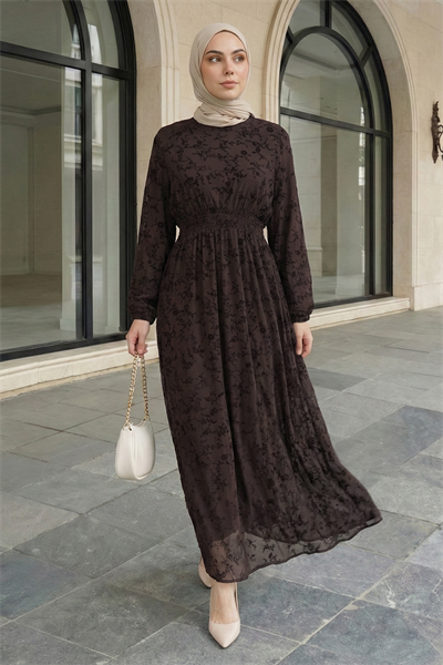 Flok Tül Acı Kahve Elbise
