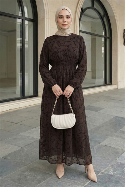 Flok Tül Acı Kahve Elbise