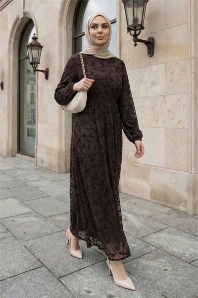 Flok Tül Acı Kahve Elbise