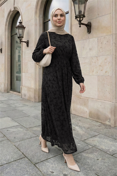Flok Tül Siyah Elbise