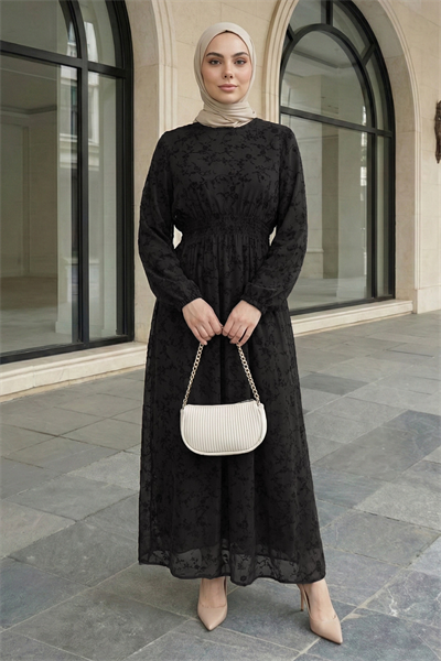 Flok Tül Siyah Elbise