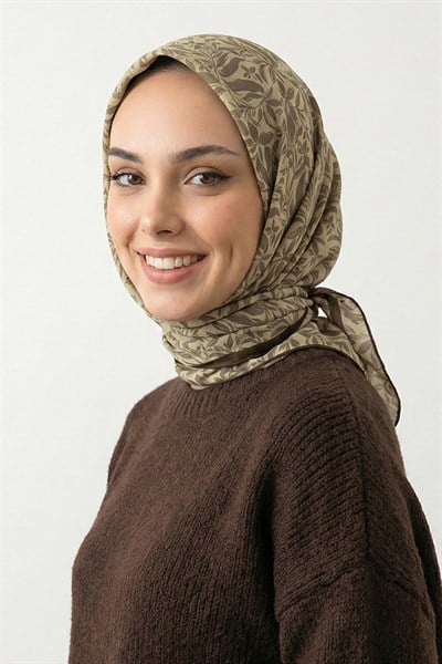 Floral Desenli Bej Pamuk Eşarp