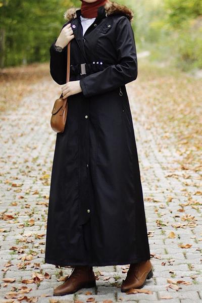 Florie Kemerli Cepli Uzun Kaban - Siyah