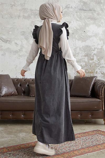 Frida Omuzu Fırfırlı Kot Jile Elbise - Gri