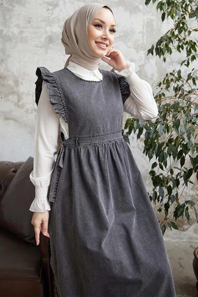 Frida Omuzu Fırfırlı Kot Jile Elbise - Gri