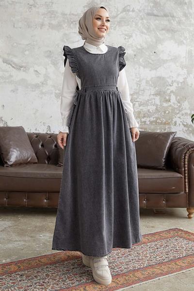Frida Omuzu Fırfırlı Kot Jile Elbise - Gri