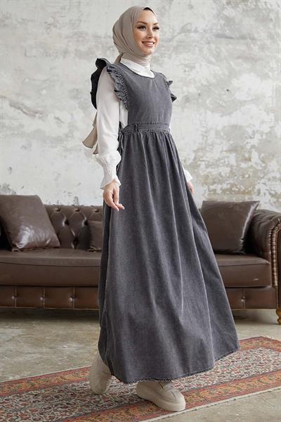 Frida Omuzu Fırfırlı Kot Jile Elbise - Gri