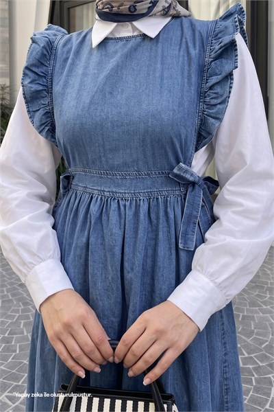 Frida Omuzu Fırfırlı Kot Jile Elbise - Mavi