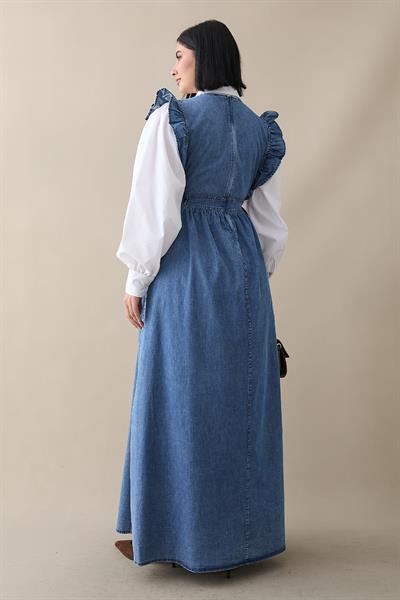 Frida Omuzu Fırfırlı Kot Jile Elbise - Mavi