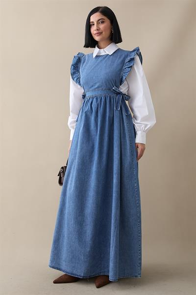 Frida Omuzu Fırfırlı Kot Jile Elbise - Mavi