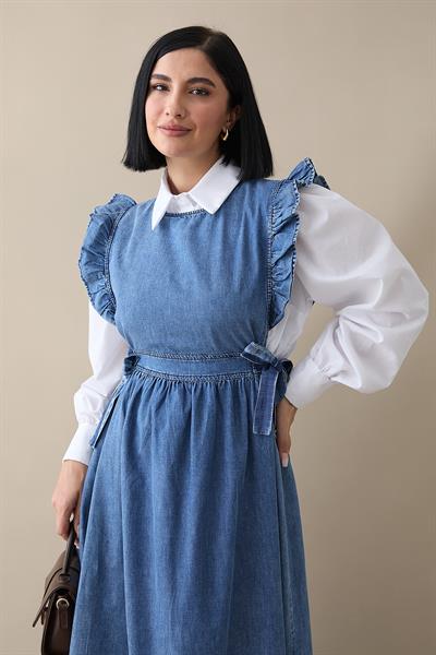 Frida Omuzu Fırfırlı Kot Jile Elbise - Mavi