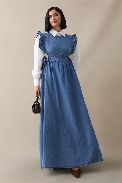 Frida Omuzu Fırfırlı Kot Jile Elbise - Mavi