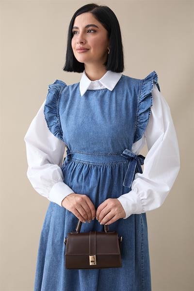 Frida Omuzu Fırfırlı Kot Jile Elbise - Mavi