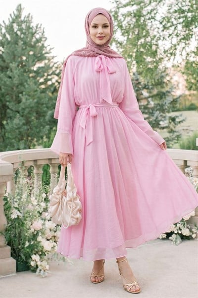 Fularlı Geniş Kol Pembe Elbise