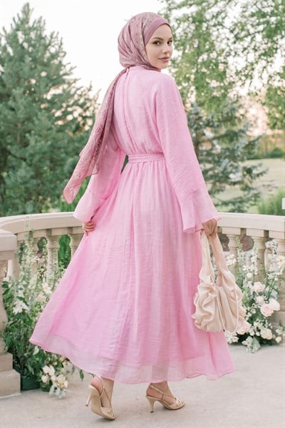 Fularlı Geniş Kol Pembe Elbise
