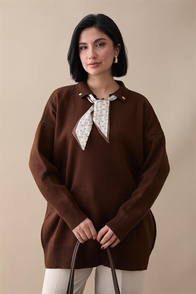 Fularlı Triko Acı Kahve Tunik