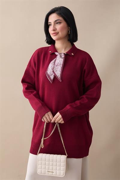Fularlı Triko Bordo Tunik