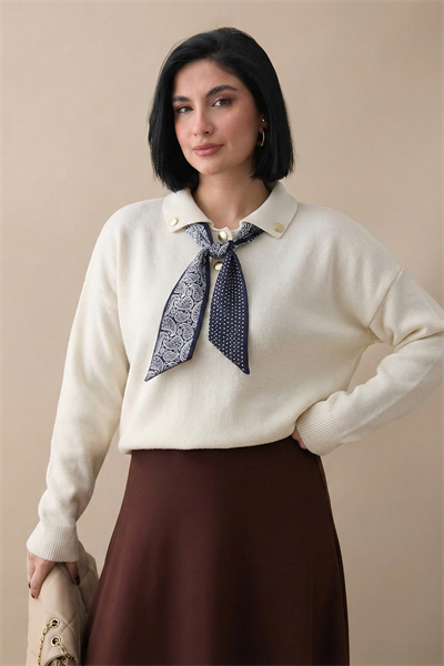 Fularlı Triko Ekru Tunik