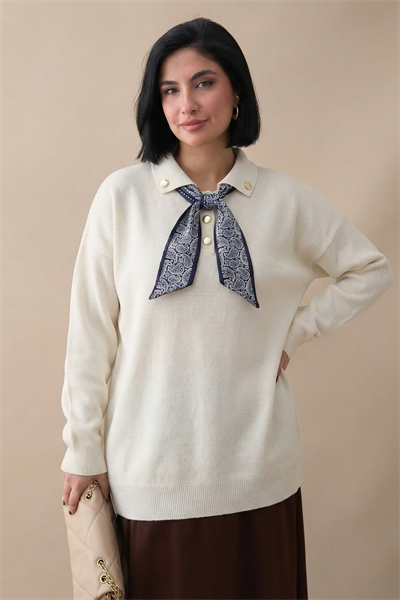 Fularlı Triko Ekru Tunik