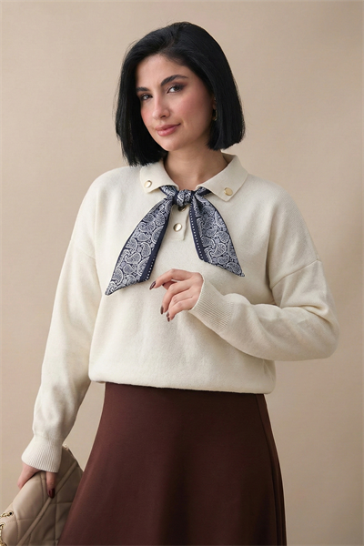 Fularlı Triko Ekru Tunik
