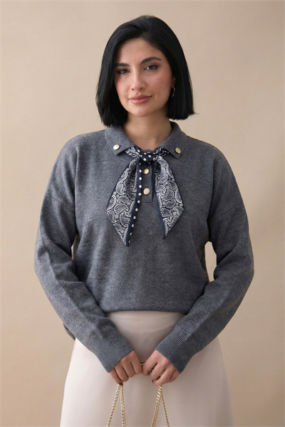 Fularlı Triko Gri Tunik