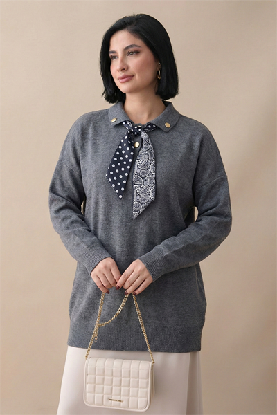 Fularlı Triko Gri Tunik