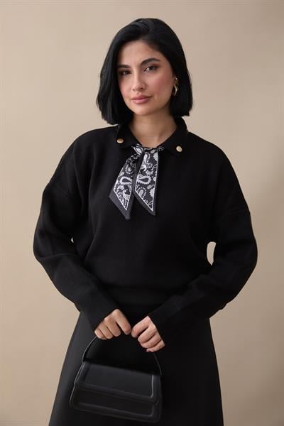 Fularlı Triko Siyah Tunik