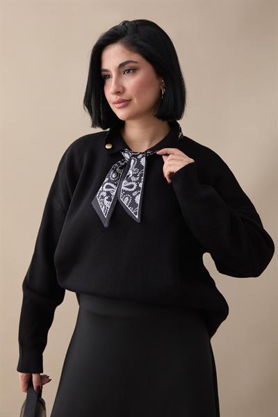 Fularlı Triko Siyah Tunik
