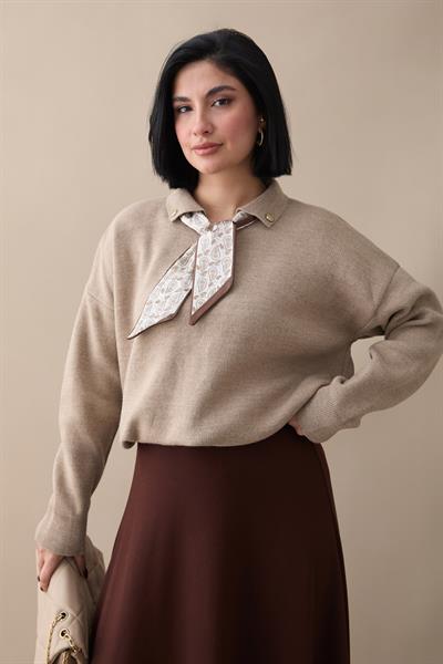 Fularlı Triko Vizon Tunik