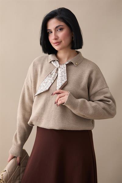 Fularlı Triko Vizon Tunik