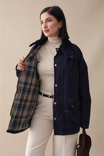 Garnili Ekose Detaylı Koyu Mavi Kot Ceket