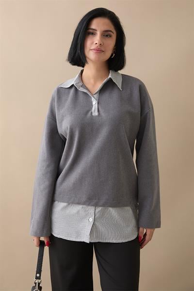 Garnili Selanik Kumaş Gri Sweat