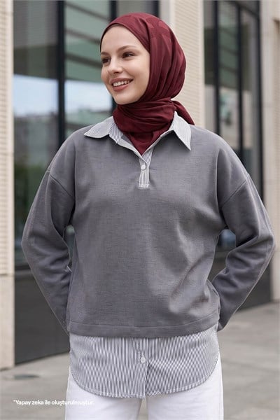 Garnili Selanik Kumaş Gri Sweat