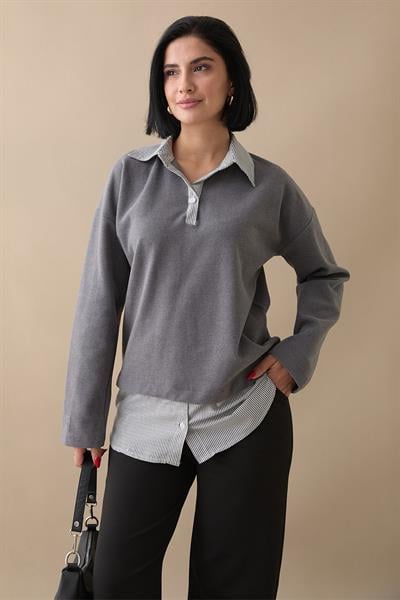 Garnili Selanik Kumaş Gri Sweat