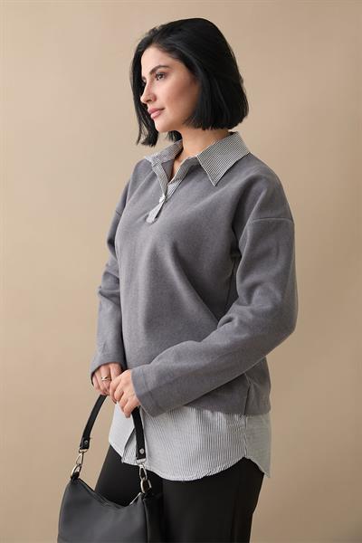 Garnili Selanik Kumaş Gri Sweat