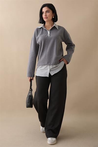 Garnili Selanik Kumaş Gri Sweat