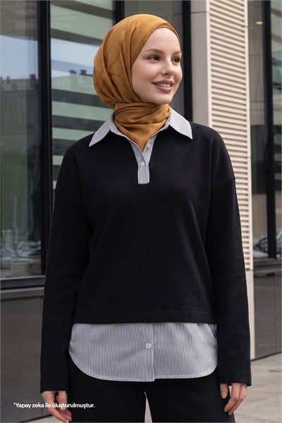 Garnili Selanik Kumaş Siyah Sweat