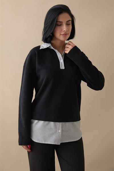 Garnili Selanik Kumaş Siyah Sweat