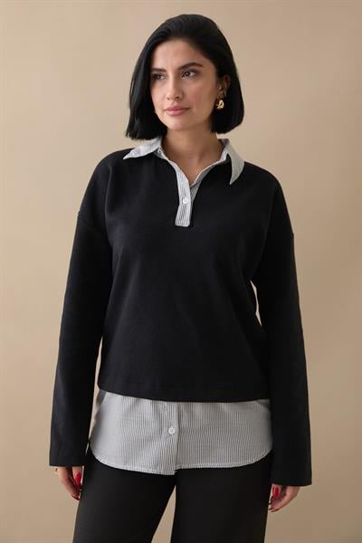 Garnili Selanik Kumaş Siyah Sweat