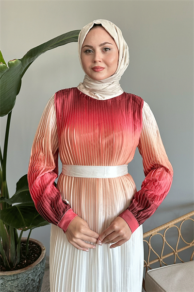 Geçişli Piliseli Somon Saten Elbise