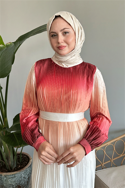 Geçişli Piliseli Somon Saten Elbise