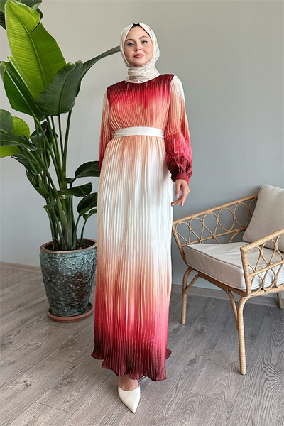 Geçişli Piliseli Somon Saten Elbise